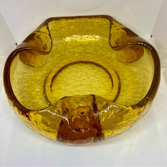 Vintage MCM Viking Amber Crackle Art Glass Ashtray Bowl Large 7.25” Heavy Dish - Picture 2 of 8